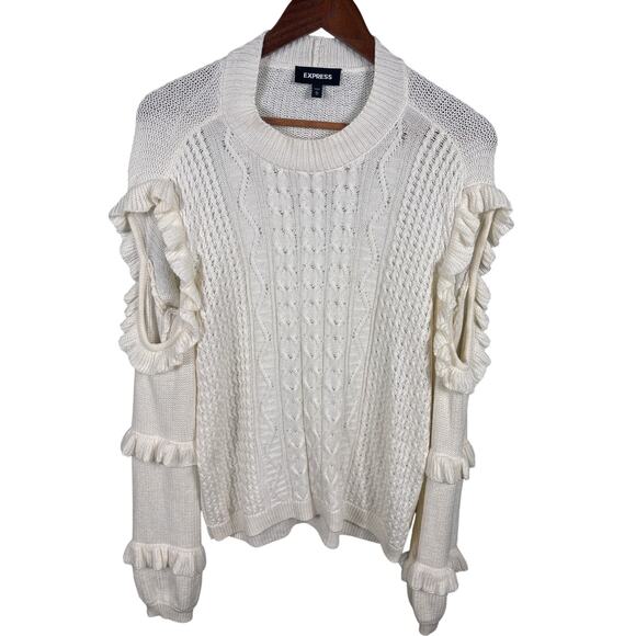 Express Pullover Sweater Women Size Medium Ivory Cold Shoulder Cable Knit Ruffle - Picture 1 of 11